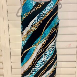 Cache Blue and Gold Chain Print Midi Dress